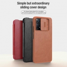 Чохол-книжка Nillkin (серія QIN Pro) для Xiaomi Redmi Note 11 Pro / Xiaomi Redmi Note 11 Pro 5G / Xiaomi Redmi Note 11E Pro (China), горизонтальный фліп, штучна шкіра, шторка-слайдер для захисту камеры від механічного впливу, відділення для платіжних карт / візитівок, металевий шильд Nillkin на лицьовому боці, чорний, коричневий, червоний, Київ, Киев
