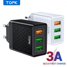 Сетевое зарядное устройство TOPK (USB + USB + USB), негорючий пластик, одновременная зарядка трёх устройств, быстрая зарядка Qualcomm Quick Charge 3.0, умная зарядка (автоматический подбор параметров зарядки для различных устройств), 9-уровневая защита от замыканий, перегрузок, перегрева, Киев